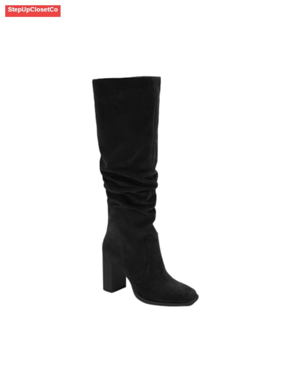 Faux Suede Knee High Boots Chunky High Heel Square Toe Wide Calf